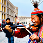 **

"A street performer playing a 'Madugum' (Mongolian horsehead fiddle) in a bustling city square. The performer is dressed in vibrant, modern clothing with ethnic patterns. Soft, warm lighting highlights the unique instrument, creating an enchanting and unexpected musical moment for passersby. In the background, people are stopping and smiling, captivated by the unusual sound."

**