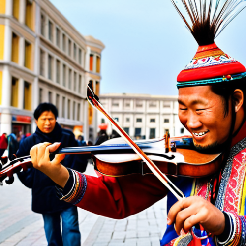 Home 4 **
"A street performer playing a 'Madugum' (Mongolian horsehead fiddle) in a bustling city square. The performer is dressed in vibrant, modern clothing with ethnic patterns. Soft, warm lighting highlights the unique instrument, creating an enchanting and unexpected musical moment for passersby. In the background, people are stopping and smiling, captivated by the unusual sound."
**