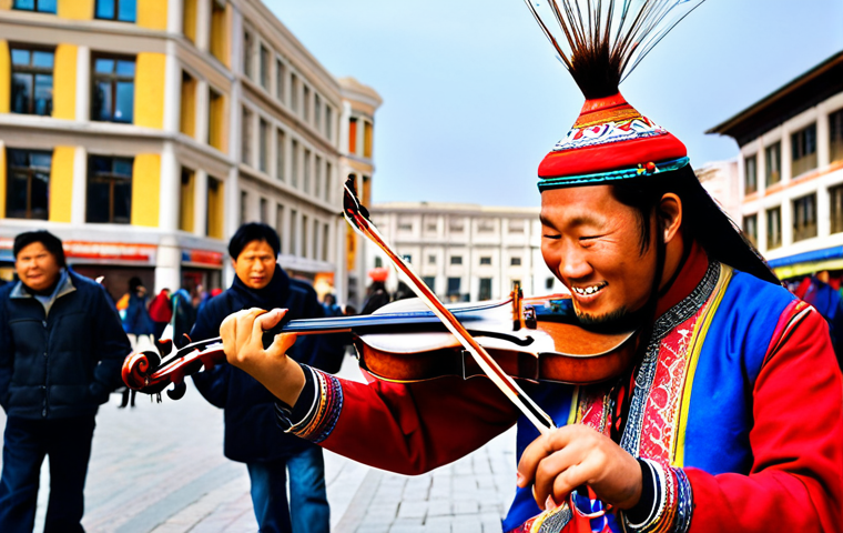 **

"A street performer playing a 'Madugum' (Mongolian horsehead fiddle) in a bustling city square. The performer is dressed in vibrant, modern clothing with ethnic patterns. Soft, warm lighting highlights the unique instrument, creating an enchanting and unexpected musical moment for passersby. In the background, people are stopping and smiling, captivated by the unusual sound."

**